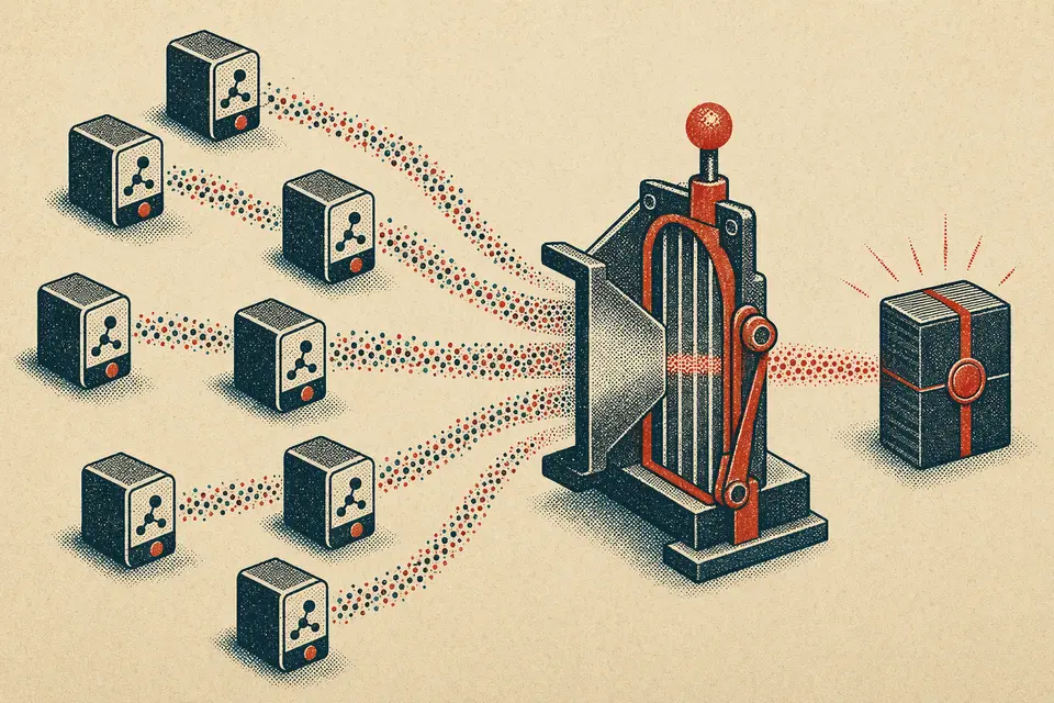 Seven collector nodes send dithered signals through one mechanical gate into a bound ledger.